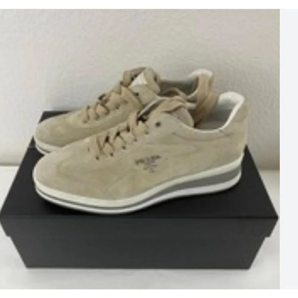 authentic tan suede prada mid platform fashion sneakers trainers shoes 40.5 10